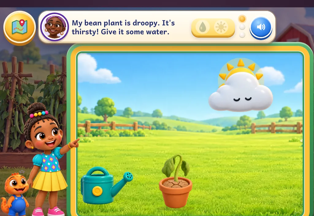 Festival Town on a tablet: Grandma's bean garden, with a watering can and a droopy bean