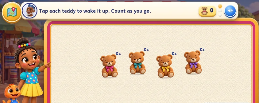 Festival Town on a phone: Uncle Femi's toy stall, with four sleeping teddies to wake and count