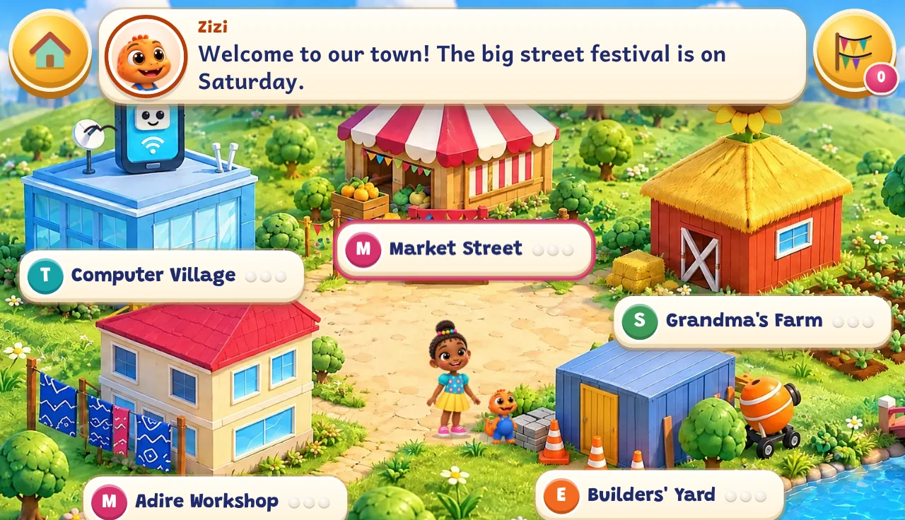 Festival Town on a laptop: the town, with Zizi welcoming Ada and the five places to visit