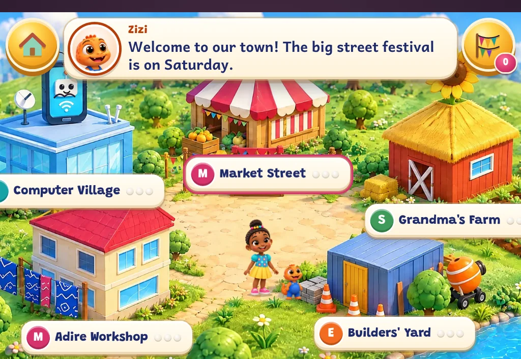 Festival Town on a classroom tablet, showing the town and its five places